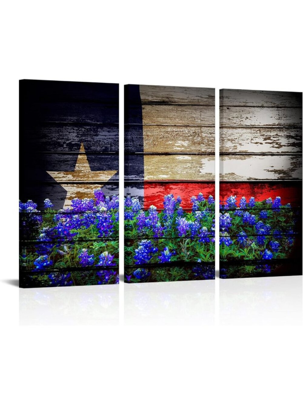 Texas Wall Art Canvas Set - Bluebonnet Flag Prints for Home Office Decor